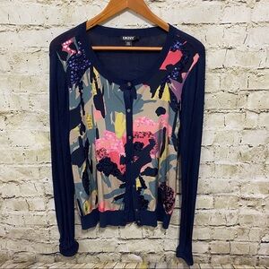 DKNY Black Label Blue Sequin Silk Watercolor Thin Knit Cardigan